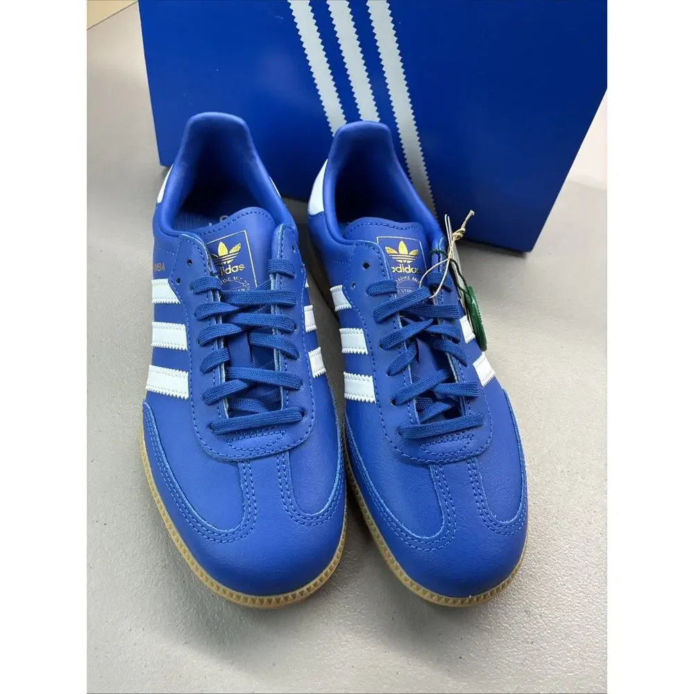adidas Originals Samba OG J Blue White Leather Gum Low Top Big Kids US 6 JQ2854